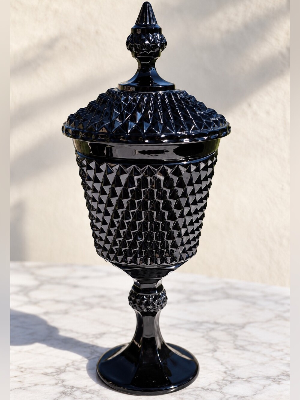 Tiara Indiana Glass Cameo Black Diamond Point 15.5" Compote Candy Dish Gothic